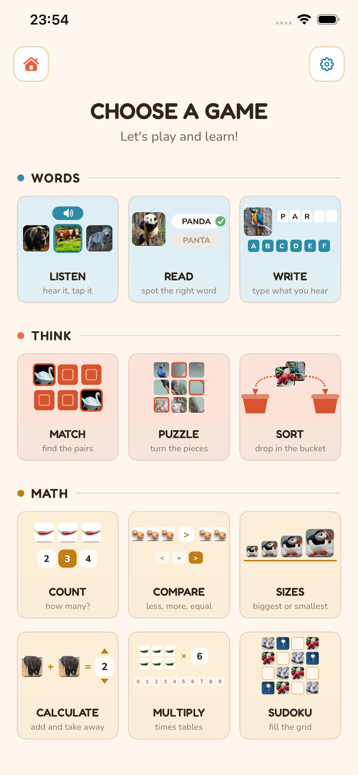 The Listen game: a grid of animal photographs with the word Puma shown above