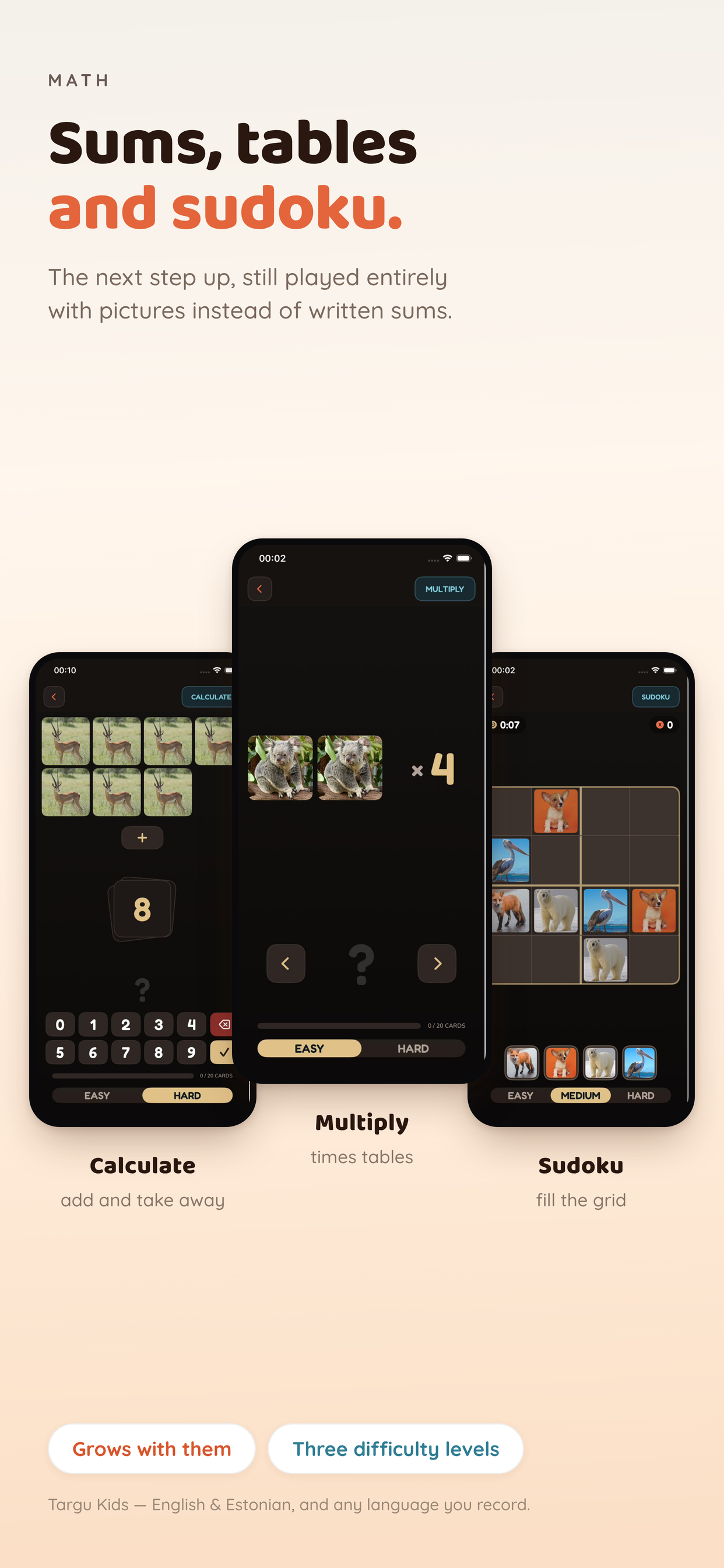 The three math games — Calculate, Multiply and Sudoku — shown on iPhone