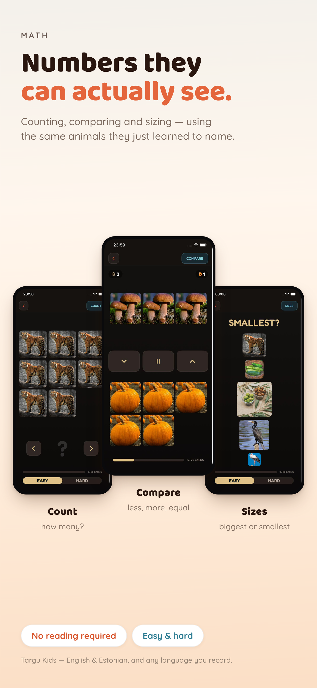 The three math games — Count, Compare and Sizes — shown on iPhone