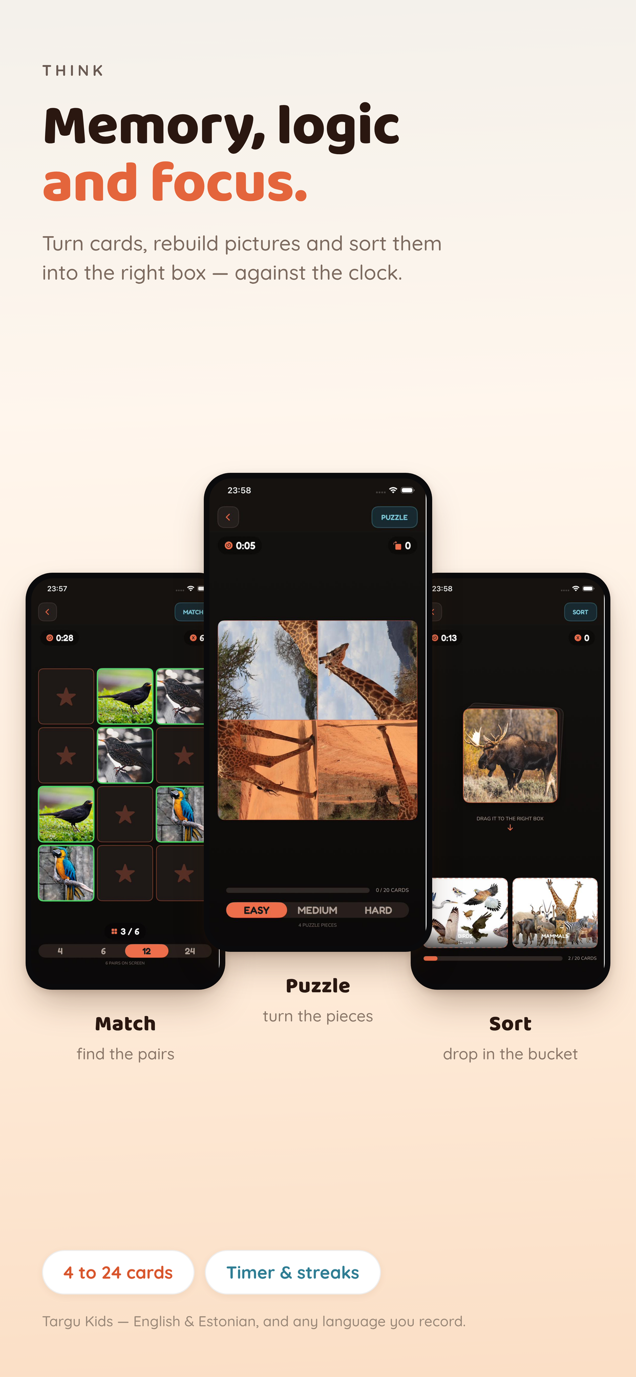 The three think games — Match, Puzzle and Sort — shown on iPhone