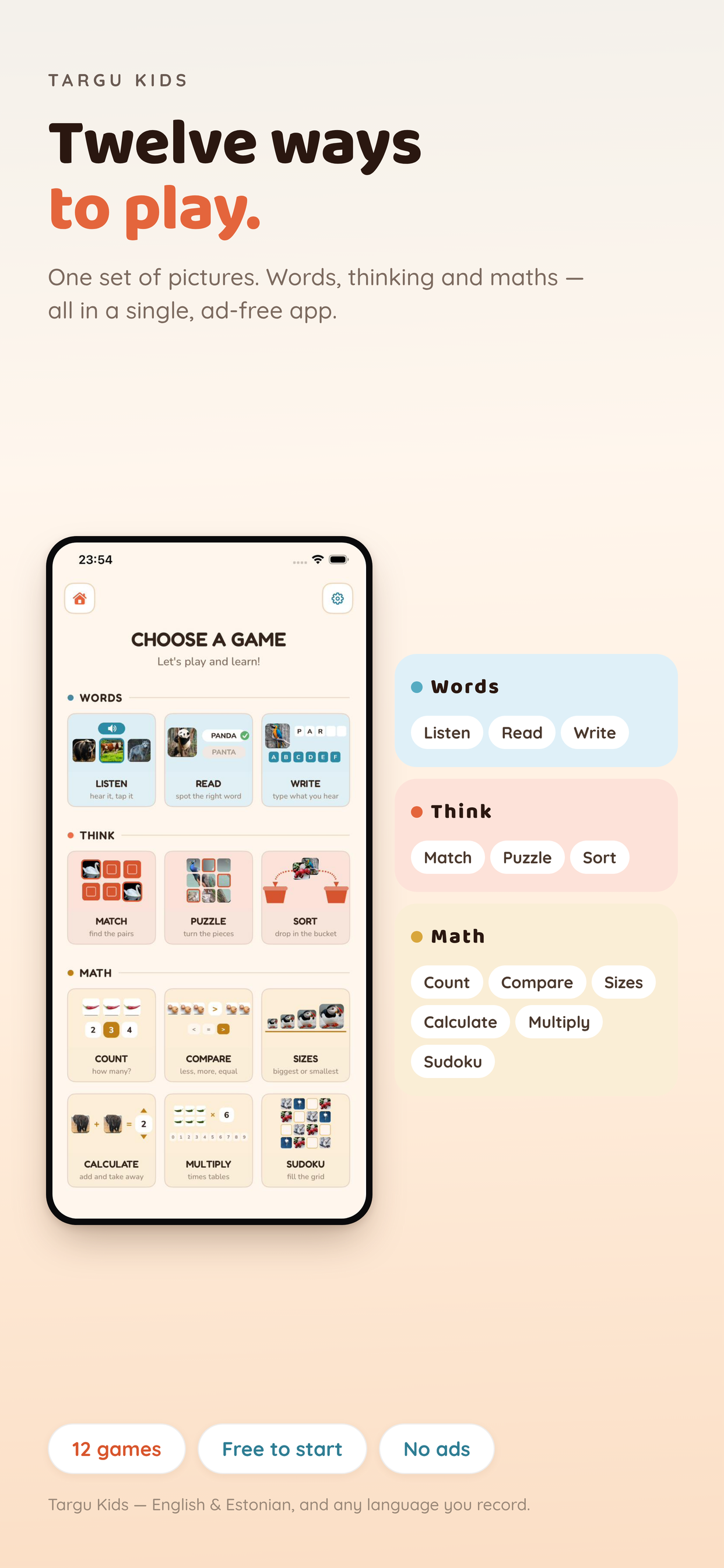 The Choose a Game screen showing all twelve games grouped into Words, Think and Math